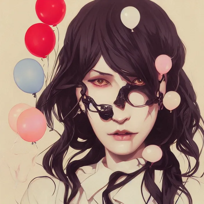 Prompt: anime skull portrait woman, balloons, mucha, hard shadows and strong rim light, art by jc leyendecker and atey ghailan and sachin teng