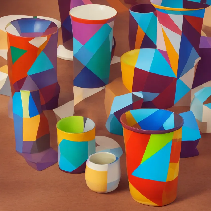 Image similar to beautiful gallery show studio photograph of a tall colorful geometric symmetrical fancy giant stoneware coffee cup, glazed by paul klee and victor vasarely, placed on a polished wooden table, hyperrealism 8 k trending on artstation