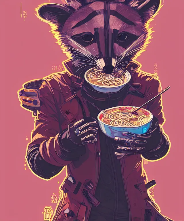 Prompt: a portrait of an anthropomorphic cyberpunk raccoon eating ramen, cyberpunk!, fantasy, elegant, digital painting, artstation, concept art, matte, sharp focus, illustration, art by josan gonzalez