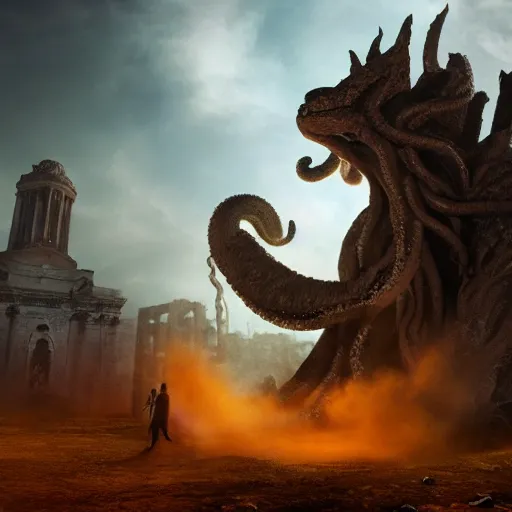 Prompt: Giant smoke monster coming out of the ground, thick swirling smoke, Nyarlathotep, Tentacles, mist, dramatic lighting, Byzantine ruins, surrounded by priests, desert, cinematic, trending on artstation