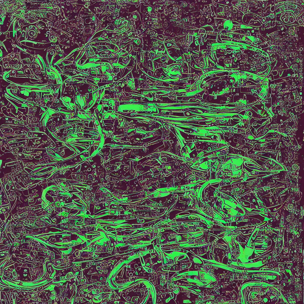 Image similar to toads, big toad, mechanical, technical, abstract, acrylic, oil, circuit board, computers, vektroid album cover, vectors, drips, dimensions, breakcore, leaks, glitches, frogs, amphibians, geometry, data, datamosh, motherboard, code, cybernetic, painting, dark, eerie, cyber