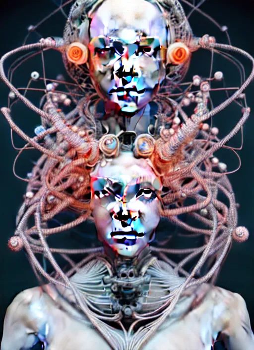 Image similar to portrait of an absurdly beautiful, graceful, sophisticated, fashionable cyberpunk mechanoid, hyperdetailed illustration by irakli nadar and alexandre ferra, intricate linework, white porcelain skin, faberge, coral headdress, unreal engine 5 highly rendered, global illumination, radiant light, detailed and intricate environment