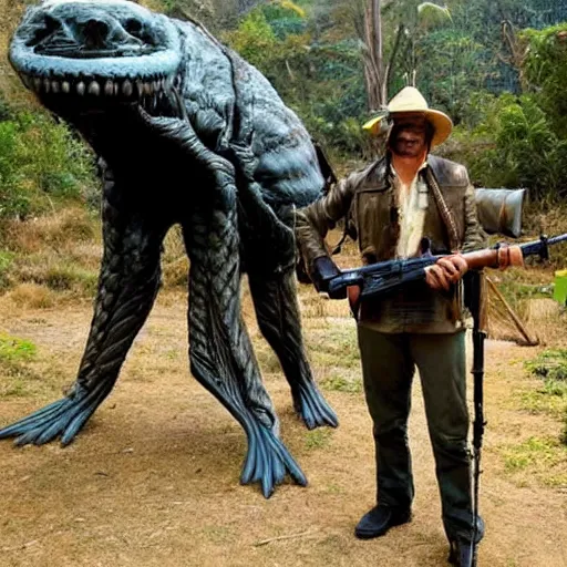 Prompt: futuristic big game hunter sitting for a photo next to his large alien creature, proud, feat, wild world, large futuristic rifle, colonial helmet, style of moebius