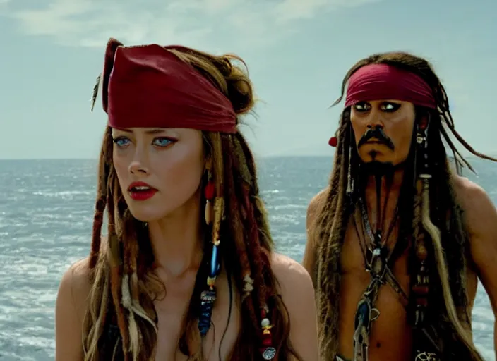 Image similar to film still of amber heard as captain jack sparrow on a desert island in the new pirates of the carribean movie, 4 k