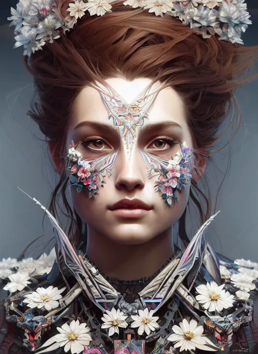 Image similar to symmetry!! portrait of floral! horizon zero dawn machine, intricate, elegant, highly detailed, digital painting, artstation, concept art, smooth, sharp focus, illustration, art by artgerm and greg rutkowski and alphonse mucha, 8 k