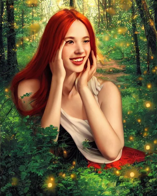 Image similar to a happy young woman, admiring the lights of golden fireflies, sitting in the midst of nature with a wonderful dress, long loose red hair, bright green eyes, small nose with freckles, triangle shape face, smiling, romantic scene, golden ratio, high contrast, photo realistic digital art by caravaggio and artgerm.