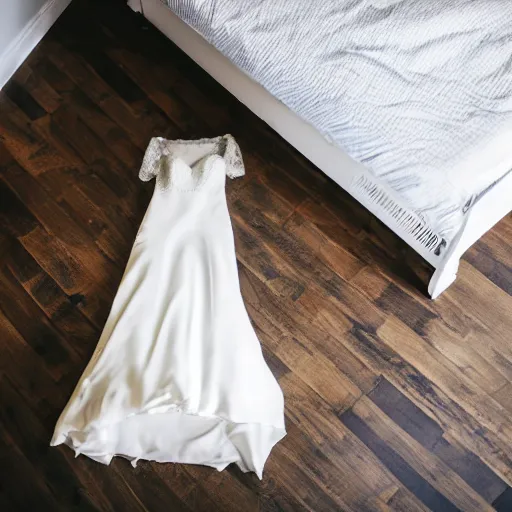 Image similar to a bedroom floor with a wedding dress discarded in a heap and a suit on the floor