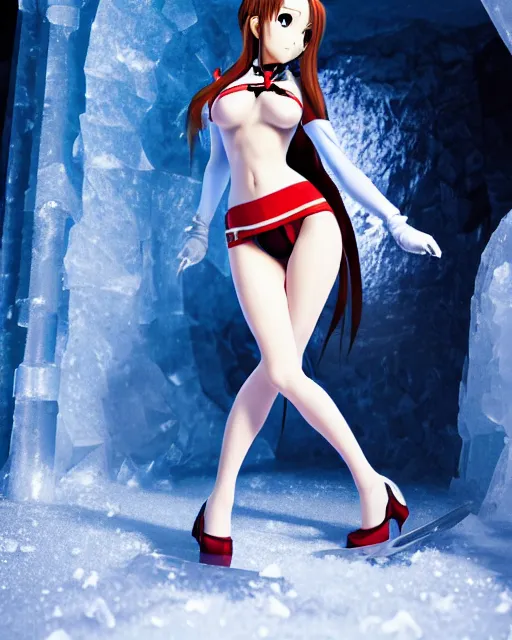 Image similar to pinup photo of asuna from sao in ice dungeon, asuna by a - 1 pictures, by gil elvgren, glossy skin, pearlescent, anime, very coherent, maxim magazine, 3 d, vray, unreal 5, octave rendey, maya, cgsociety