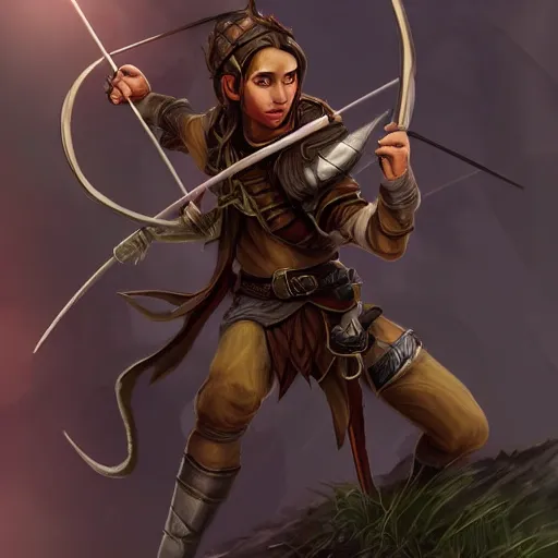 Prompt: a young dnd character tiefling ranger holding a bow ready, highly detailed digital painting 4 k