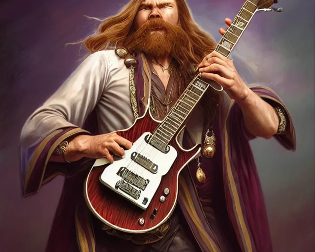 Image similar to smooth mcgroove in arcane tv series, holding a white randy rhoads guitar rr 1, deep focus, d & d, fantasy, intricate, elegant, highly detailed, digital painting, artstation, concept art, matte, sharp focus, illustration, hearthstone, art by artgerm and greg rutkowski and alphonse mucha