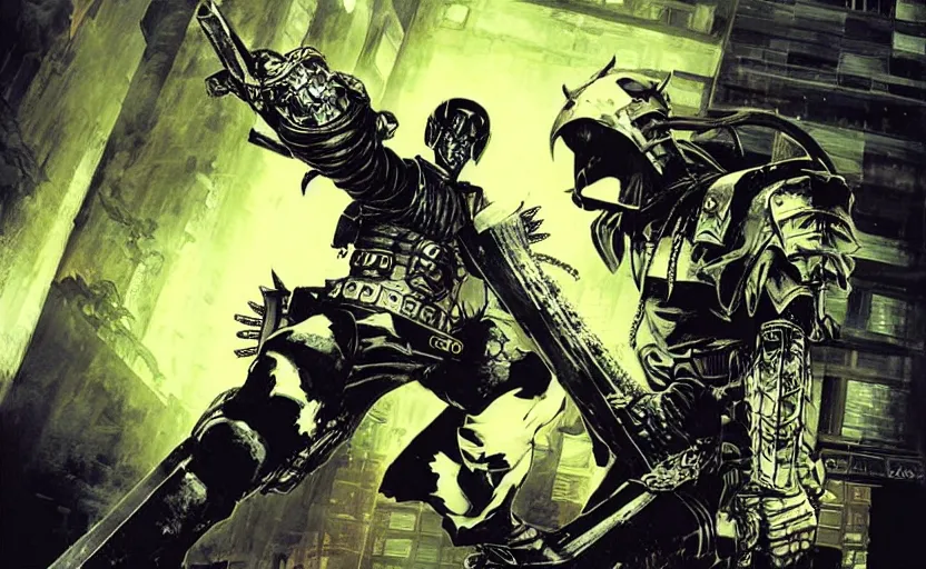 Prompt: the demonslayer carries a buster sword to vanquish all the shinra soldiers and the hell creatures invading the apartment building, judge dredd inspired, digital painting, hardcore metal cover art, intense, cinematic, muzzle flashes, graphic novel, masterpiece, by ilya kuvshinov, by yoji shinkawa, by kentaro miura