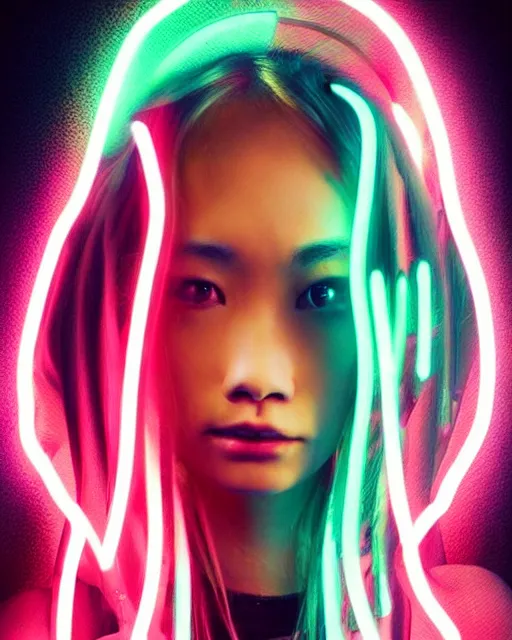 Image similar to a cyberpunk girl wearing neon hoodie, chrome, neon light, japan, perfect face, high detailed, realistic, preatty face, asian, long hair, cyberpunk, geisha, arcane style, 3 d mix with 2 d