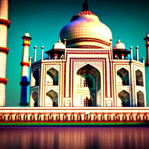 Prompt: taj mahal made of rainbow coloured marble, ultra photorealistic, octane render, vray render, raytraced, 4 k, highly detailed, hyperrealistic, depth of field, cinematic