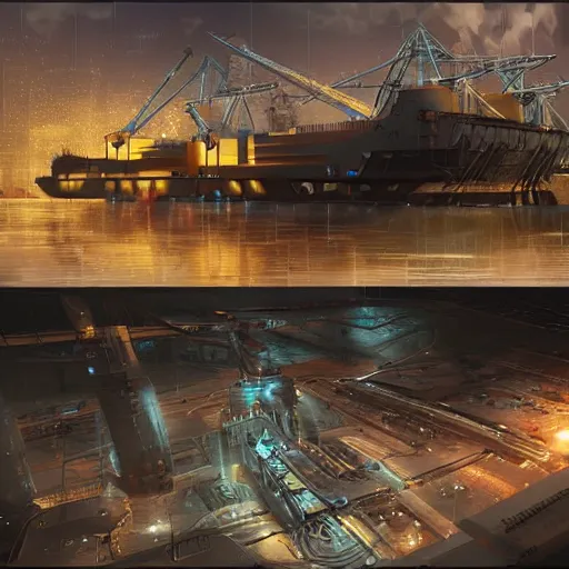 Image similar to Immense industrial futuristic cargo ship arrives at cyber punk city sea port, cinematic lighting, concept art