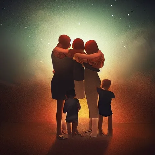 Image similar to “A family hugging each other for the last time as the world is ending, meteors are falling from the sky, everything is on fire, dramatic lighting, digital art, very very very very very very beautiful, 8K, dark lighting, trending on Artstation, award winning”