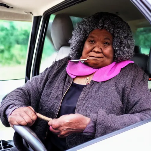 Image similar to old black woman wearing a durug driving whilst smoking a doobie