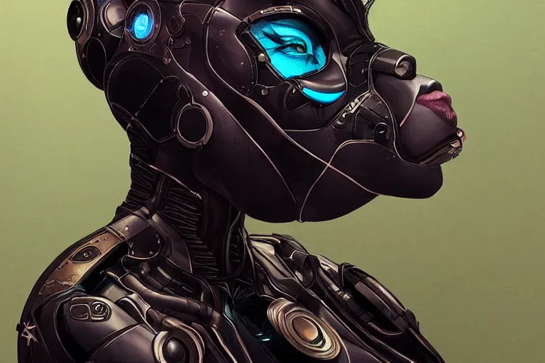 Image similar to “ a extremely detailed stunning portraits of solarpunk cyborg black cat woman by allen william on artstation ”