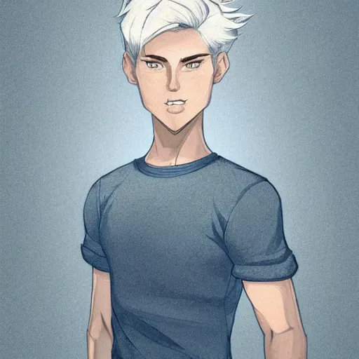 Image similar to portrait of a feminine young man with short white hair, bedhead, and blue eyes, wearing a gray t shirt, muscular arms, dramatic lighting, illustration by Rossdraws, professional portfolio, 4k, digital art, concept art, trending on artstation