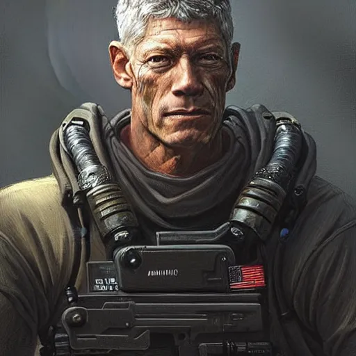 Prompt: portrait of a man by greg rutkowski, stephen lang as a colonial marine from aliens franchise, he is about 6 0 years old, military composure, wearing the tactical gear of the colonial marines, highly detailed portrait, digital painting, artstation, concept art, smooth, sharp foccus ilustration, artstation hq