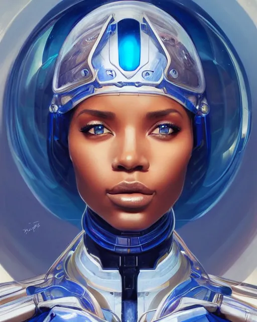 Image similar to Portrait of very very very very very very beautiful african woman, spacesuit, futuristic cybernetic helmet, blue eyes, real life skin, intricate, elegant, highly detailed, artstation, concept art, smooth, sharp focus, art by artgerm and greg rutkowski and alphonse mucha