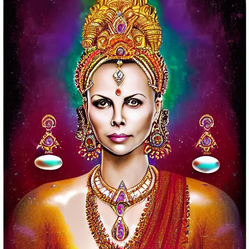 Image similar to a portrait of charlize theron as a hindu goddess, with lots of jewelry and necklaces, photorealistic, 35mm, abstract background.