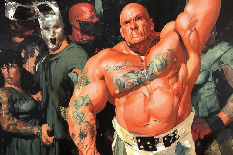 Image similar to martyn ford as juggernaut stands out at a party, painted by phil hale and rick berry and dean cornwell and norman rockwell and jeremy mann