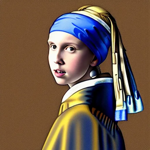 Image similar to Millie Bobby Brown with the pearl earring by Johannes Vermeer