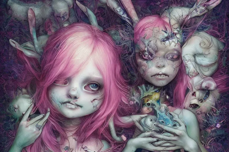 Image similar to Keeping you sane And you fade away just enough, You felt the edge again, You took two pills And you fell asleep, Hugging six rabbits, And having pink nightmares, concept art, trade on artstation, sharp focus, psychedelic, by Yoshitaka Amano, Mark Ryden, Gloom, Peter Mohrbacher, fantasy art, masterpiece, Hyperrealism. Subsurface scattering. Octane Render. Weirdcore