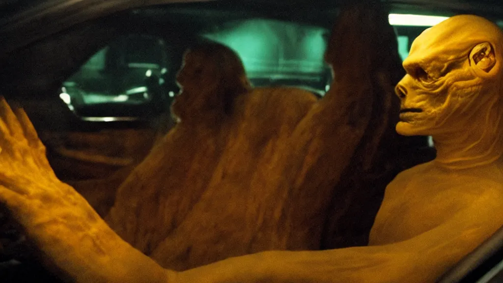 Prompt: the creature sits in a car, made of glowing wax, they look me in the eye, film still from the movie directed by Denis Villeneuve and David Cronenberg with art direction by Salvador Dalí, wide lens