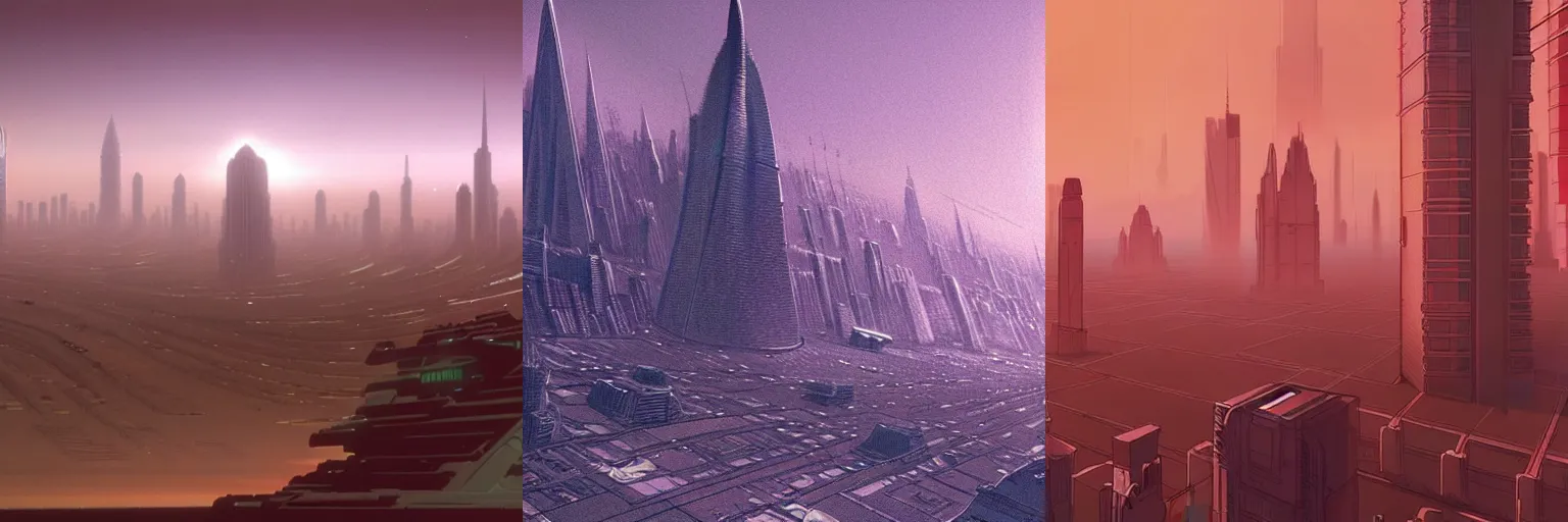 Prompt: a city in the future in the style of john harris and roger deakins by moebius