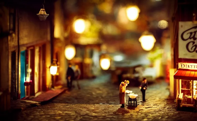 Image similar to miniature cafe diorama macro photography, cafe for mice, alleyway, ambient, atmospheric, british, bokeh, romantic, colorful paper lanterns