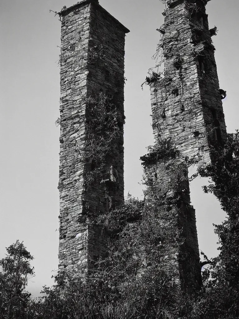 Prompt: The abandoned wizard\'s tower in the overgrown garden. Ansel Adams.