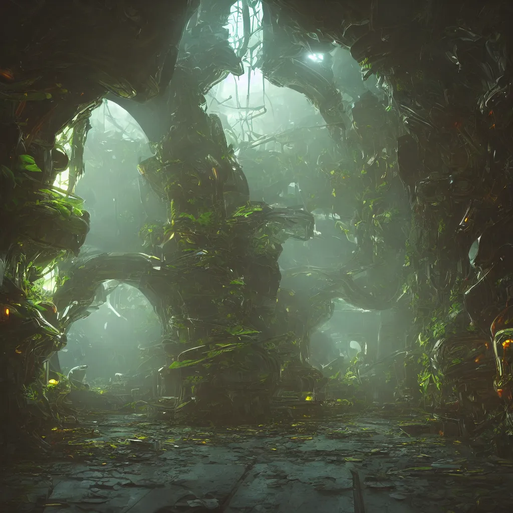 Prompt: science fiction spaceship corridor colorful alien strange plants vegetation infestation, gloomy unreal engine, cinematic lighting