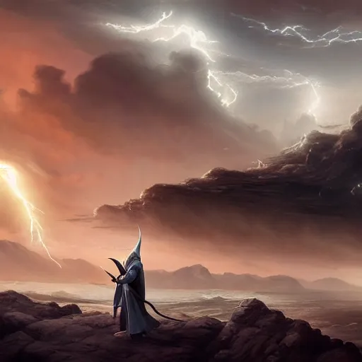 Prompt: gandalf casts a lightningbolt, dramatic light, castle background, clouds, moon, storm, night, high detail, fantasy background, painted by greg rutkowski, digital art, trending on artstation
