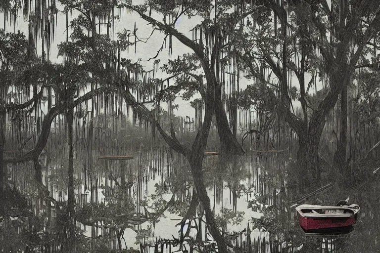 Image similar to scene from louisiana swamps, airboat, neon farm, big oak, pentagram, boy scout troop, voodoo artwork by tim eitel