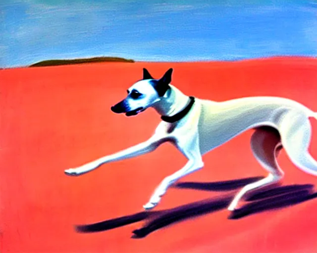 Image similar to close-up of a whippet running at beach, painting by david hockney, highly detailed