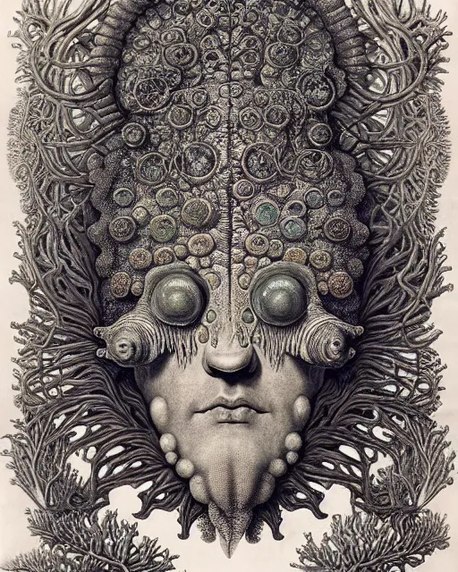 Image similar to hyperrealistic detailed underwater face portrait of the beautiful god of the fish with an intricate headgear of corals, sea kelp, sea plants, fish, starfish, jellyfish, art by ernst haeckel, james jean, gothic, neo - gothic, ornamental, beautiful deep colours,