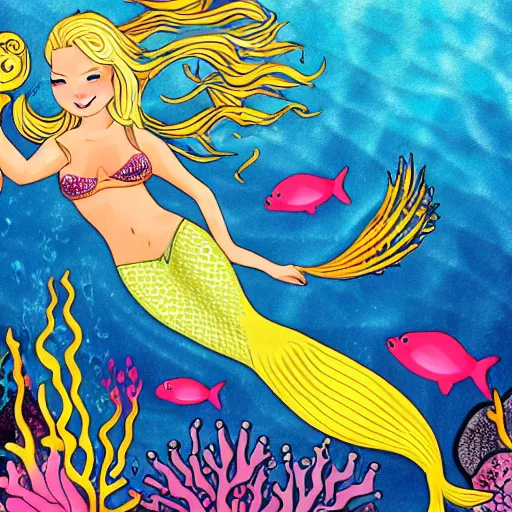 Prompt: detailed photo of alluring blonde mermaid riding a colorful seahorse underwater surrounded by fish