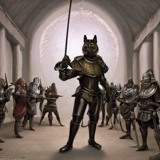 Prompt: knight bones armor, anthropomorphic shiba inu, in tavern, surrounded by knights, stuning 3 d render, masterpiece, glowing aura, by donato giancola and greg rutkowski and wayne barlow and zdzisław beksinski, realistic face