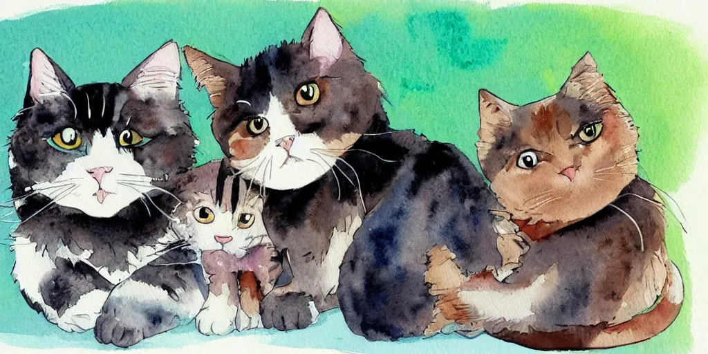 Image similar to watercolor illustration style, cute! cats!! training!