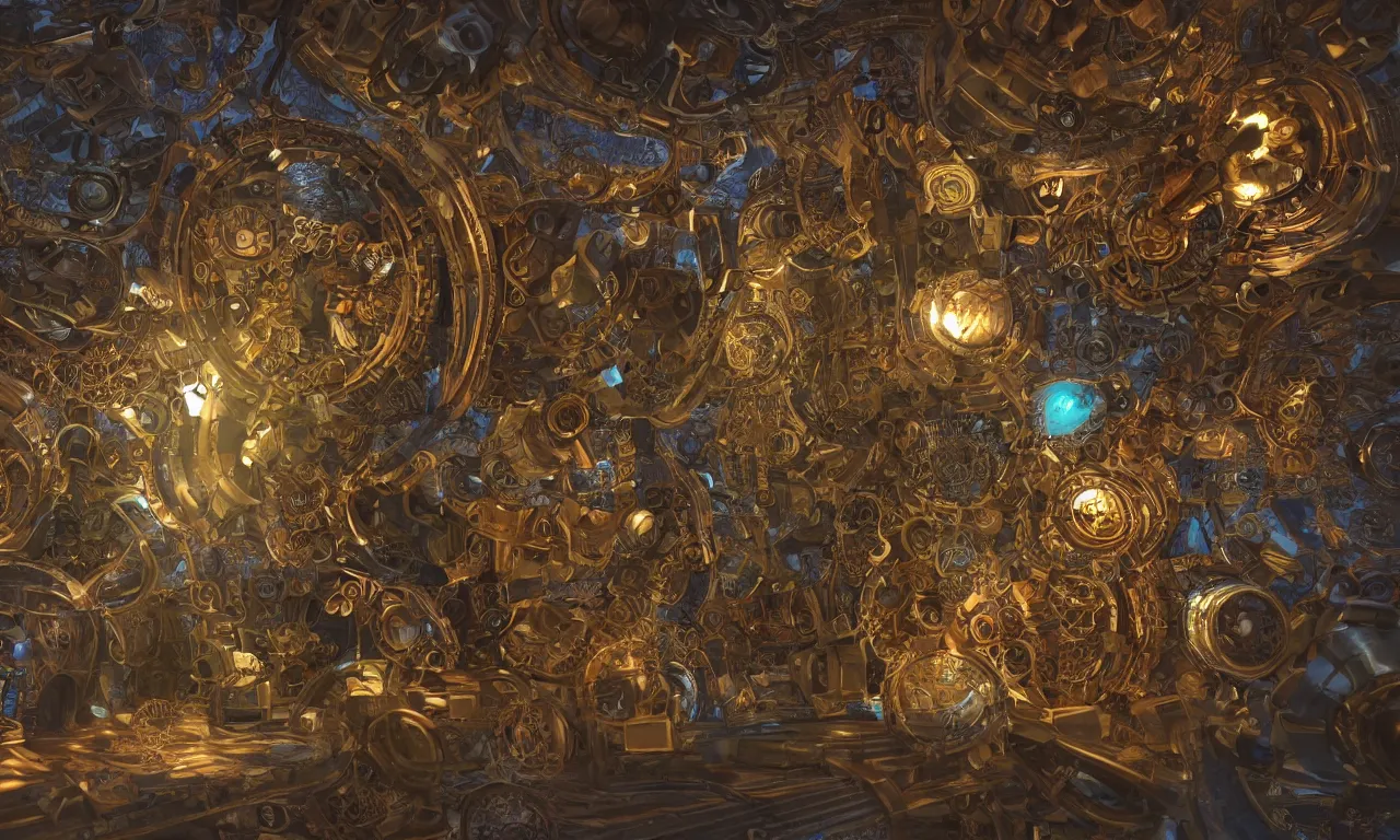 Image similar to steampunk engine laboratory 3 d volume kaleidoscope fractal voronoi metal chakra digital multicolor stylized concept substance natural color scheme, global illumination ray tracing hdr fanart arstation by sung choi and eric pfeiffer and gabriel garza and casper konefal