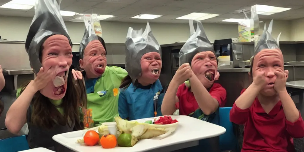 Image similar to cyclops coneheads school lunchroom food fight, detailed facial expressions