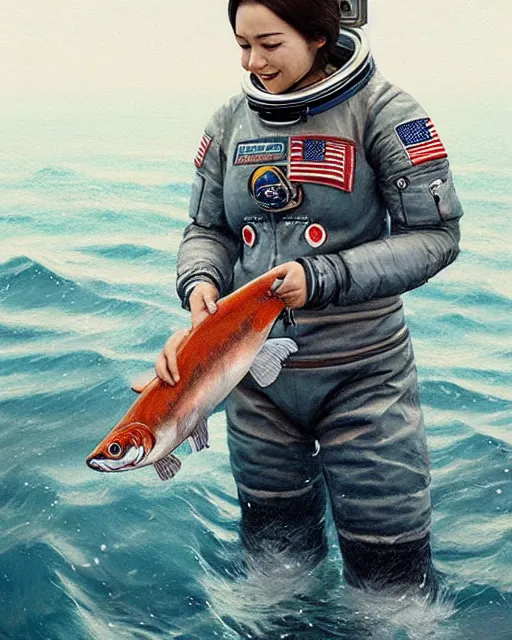 Image similar to a female astronaut catching salmon in alaska, real life skin, intricate, highly detailed, artstation, concept art, smooth, sharp focus, art by artgerm and greg rutkowski