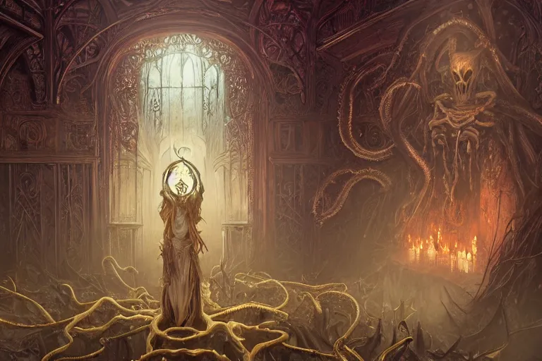 Image similar to a lovecraftian painting of a demonic shrine, occult, eldritch gods, agony, madness, masked cult members, cosmic horror elements, ultra realistic, concept art, intricate details, eerie, highly detailed, photorealistic, octane render, 8 k, unreal engine. art by artgerm and greg rutkowski and alphonse mucha