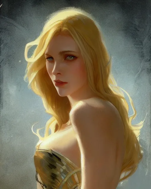 Image similar to '' Portrait of Beautiful blonde Slavic woman in her early 30’s, league of legends, LOL, fantasy, d&d, digital painting, artstation, concept art, sharp focus, illustration, art by greg rutkowski and alphonse mucha ''