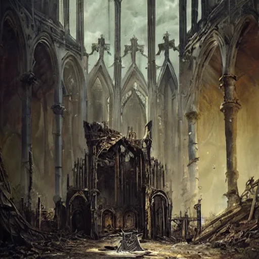 Image similar to Skeleton king wearing ragged clothes and a plate armour resting on a throne inside a ruined cathedral, oil painting, by Greg Rutkowski