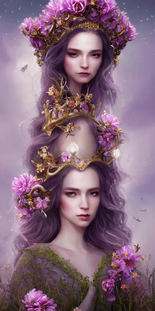 Image similar to A beautiful fantasy empress, just one head, flower tiara, long hair, wearing dramatic aristocrat robe, delicate figure, field of fantasy flowers, foxes and deer, epic composition, ultra wide-shot, dynamic pose, concept art, dramatic lighting, digital painting, smooth, character design, ((sharp focus)), elegant, intricate, trending on artstation, by WLOP and James Jean and Victo Ngai