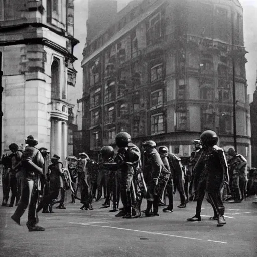 Prompt: 1930s London being invaded by aliens, black and white photograph