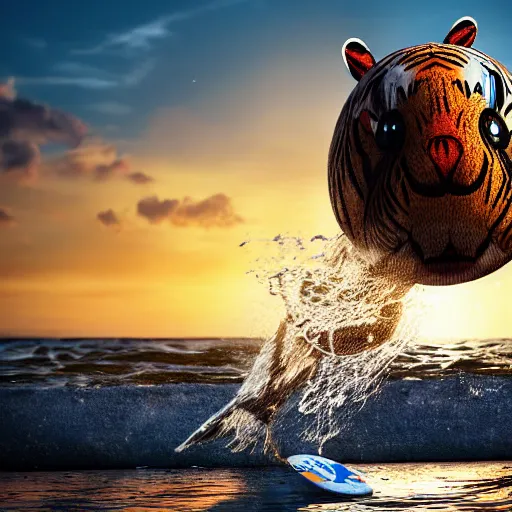 Image similar to a closeup photorealistic photograph of a cute smiling knitted tiger hippopotamus chasing a beachball at sunset. surf in the background. professional capture. this 4 k hd image is trending on artstation, featured on behance, well - rendered, extra crisp, features intricate detail, epic composition and the style of unreal engine.