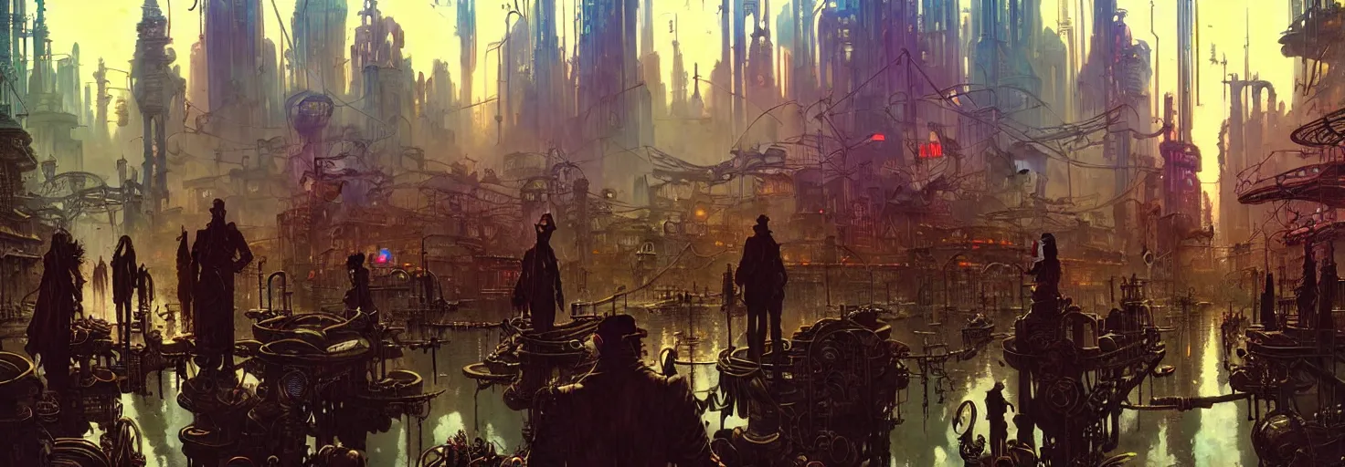 Image similar to steampunk cyberpunk city in a swamp, busy market, godrays, cinematic, poster art by james gurney, weta studio, lucasfilm jesper ejsing, norman rockwell, mucha, ilya kuvshinov, greg rutkowski frank frazzeta on artstation